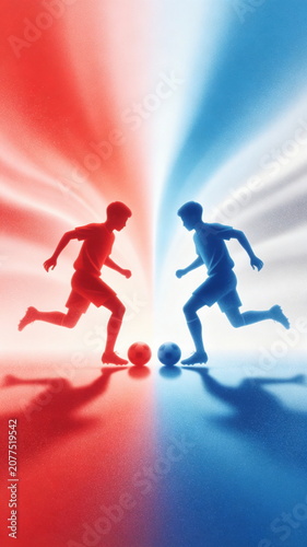 Red and Blue Soccer Player Silhouettes Facing Off, Two Athletes Dueling with Footballs on Glowing Radial Light Background – For Sports Competition & Rivalry Design