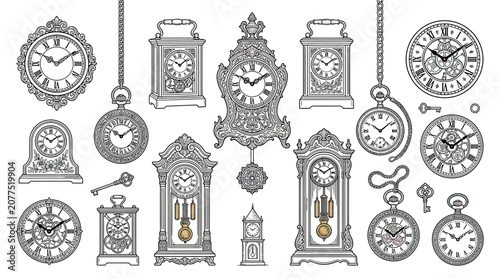 Vintage Clocks Collection: Grandfather, Pocket, Mantel, and Wall Timepieces