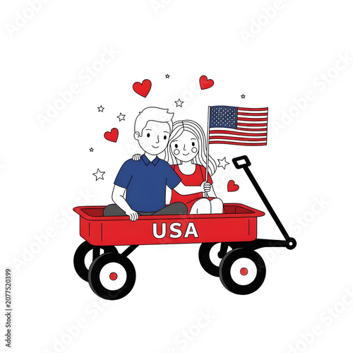 Cartoon dog and cat riding a red wagon with american flag isolated on white background