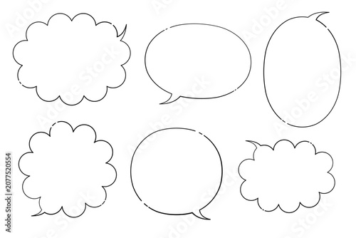 6種類の吹き出しの線画イラストセット 白黒