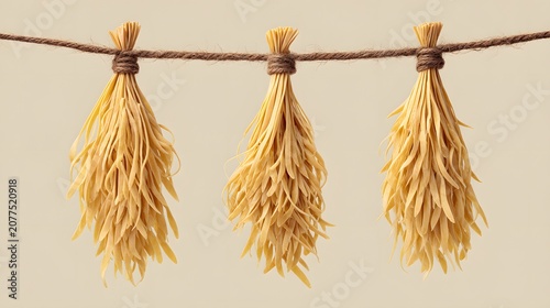 Three bunches of dried wheat stalks hanging on a string.
