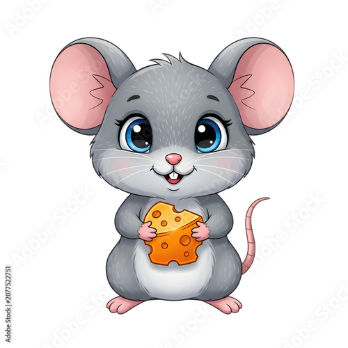 Cartoon mouse holding a small orange carrot isolated on white background