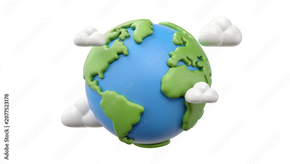 Fototapeta premium Stylized 3D Earth globe with green continents and blue oceans surrounded by fluffy white clouds