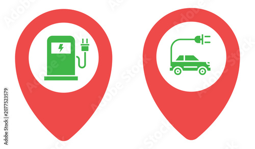 Electric Vehicle Charging Station Location Pin Icons Featuring EV Charger, Electric Car Charging Point and Navigation Map Marker