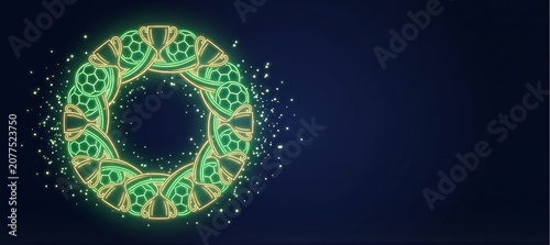 Green and Gold Soccer World Cup Circle Frame Glowing on Dark Background, Copy Space