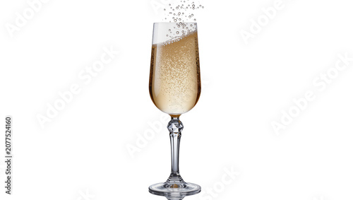 Photography Champagne flute with golden bubbly liquid and effervescence