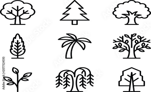 Collection of various tree icons in simple line style