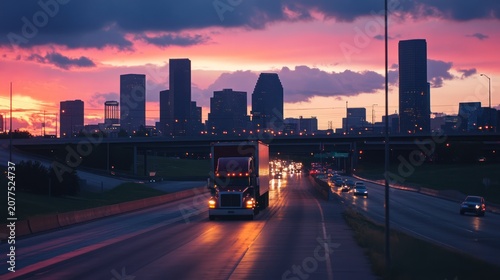 Cityscape Highway Truck Traffic at Dusk.
