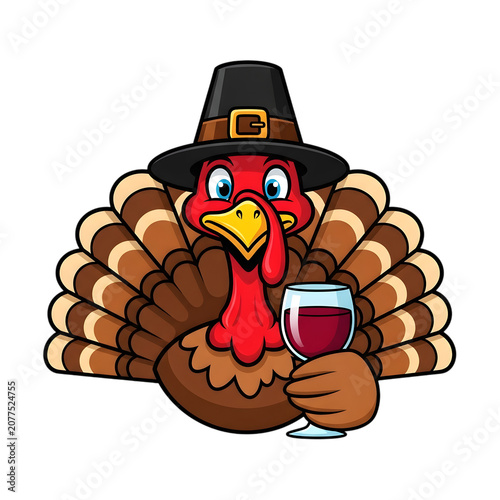 Cartoon turkey holding a small beer mug isolated on white background