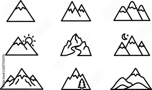 Mountain range icon set linear style outdoor adventure graphics