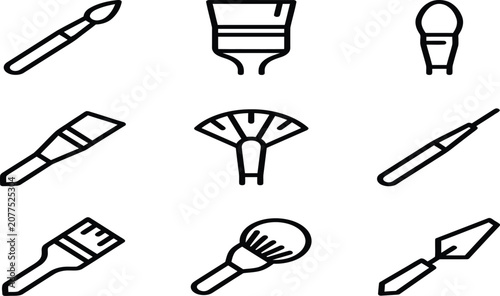 Nine black and white line art paint brush icons