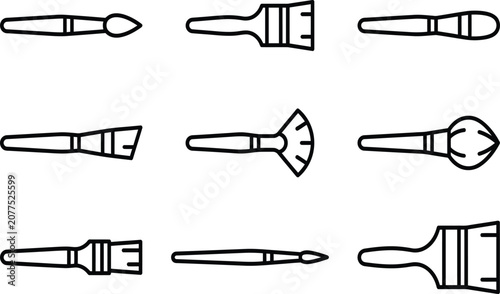 Collection of various paintbrush icons in black outline style
