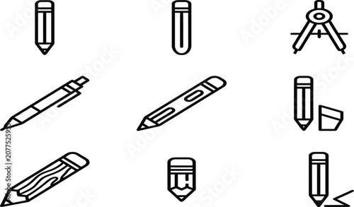 Stationery line art icons pens pencils and drafting tools