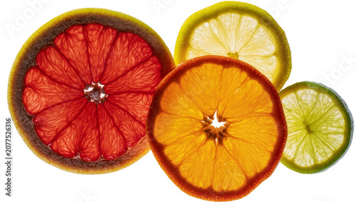 Grapefruit orange lemon, and lime slices backlit