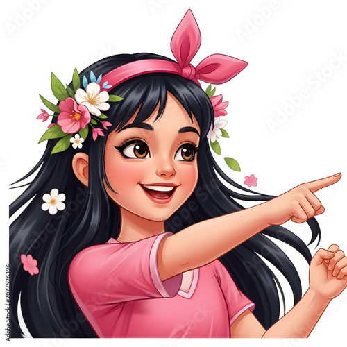 Cheerful cartoon girl dancing with colorful flowers isolated on white background