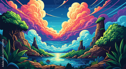 Cuadro en lienzo Vibrant Fantasy Landscape Vector Illustration Design Featuring Majestic Mountain