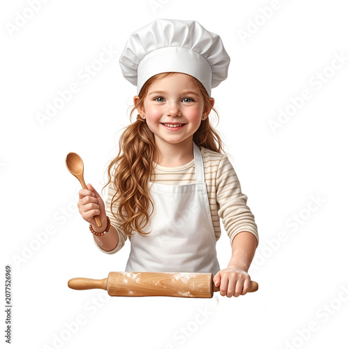Chef kid girl cooking with rolling pin and bowl isolated on white background