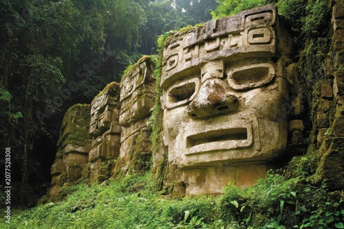 Ancient ruin stone head jungle temple mossy stone carved face rainforest archeology travel heritage South America