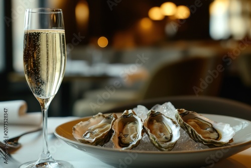 Champagne glass oyster plate restaurant interior seafood luxury elegant dining dinner