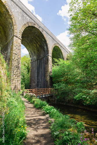 Cuadro en lienzo Footpath leading beneath a Victorian stone railway viaduct beside a stream in a