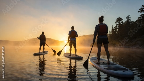 Paddleboarders on calm lake at sunrise