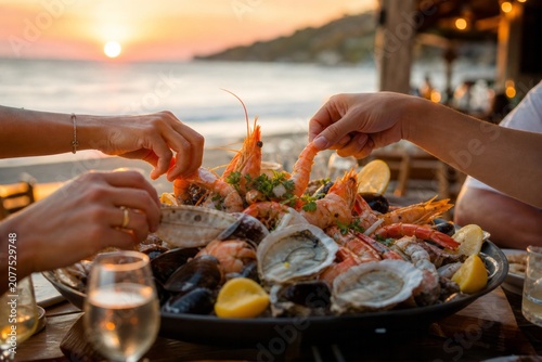 Seafood dinner by sunset coast