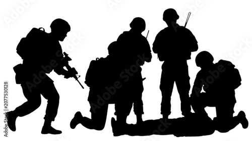 Φωτογραφία Silhouette soldiers in combat team formation isolated on transparent background,