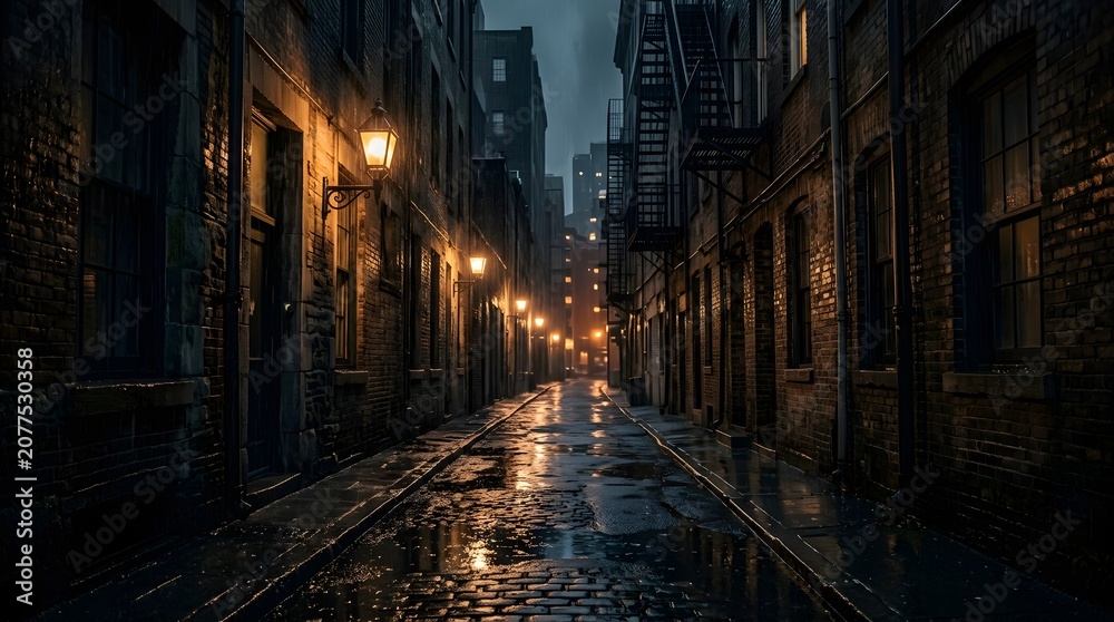 Fototapeta premium Dark narrow urban alleyway illuminated by warm streetlights at night.