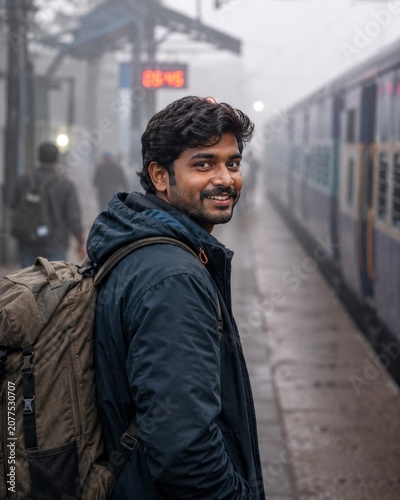 Backpacker waiting on foggy train platform