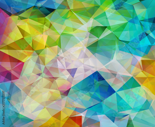 Multicolored low poly geometric triangles. Vibrant polygonal mosaic backdrop with overlapping bright yellow, green, blue, and pink shapes for modern website banners