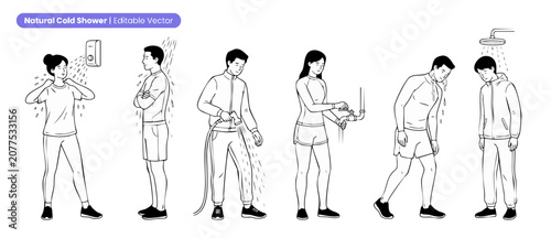 Billede på lærred Cold shower vector line art set of people bathing in freezing water for health benefits and hydrotherapy, featuring men and women shivering, using garden hose, outdoor shower, and hardening therapy