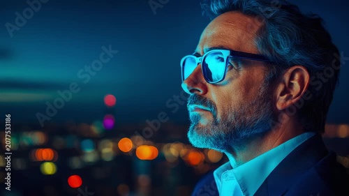Thoughtful Middle-Aged Executive Observing Urban Nightscape Reflecting Blue Digital Glow Through Stylish Spectacles