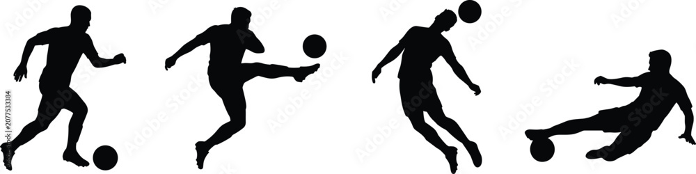 Obraz premium Soccer Player Silhouette Collection with Dribbling Kicking Heading and Sliding Tackle Poses