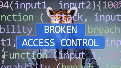 Broken Access Control attack on foreground screen, hacker silhouette hidden with low polygon mask. Vulnerability and attack on colored code editor. Insecure B.A.C. breach, text in English.
