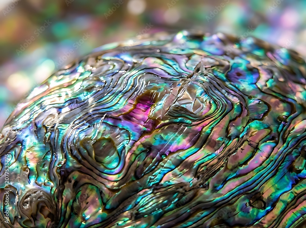 Naklejka premium Macro view of iridescent abalone shell texture with vibrant rainbow colors and organic patterns