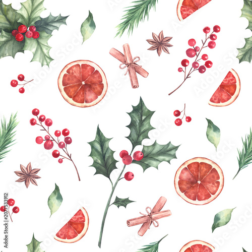 Seamless watercolor pattern with holly, red berries, dried red orange slices, cinnamon sticks. Isolated element on a white background. For Christmas packaging, wrapping paper, seasonal design.