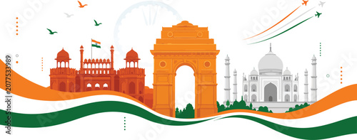 India landmarks vector illustration red fort india gate taj mahal