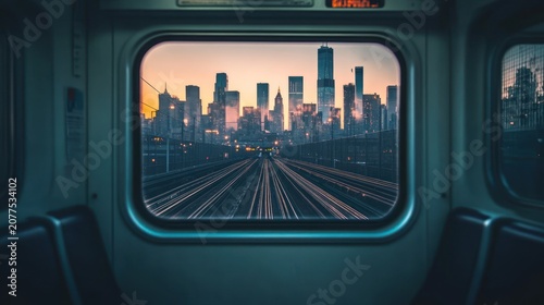 Cityscape View from Train Window at Sunset.