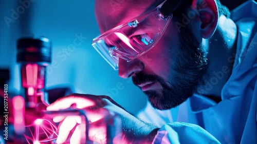 Intent researcher in safety spectacles manipulating vibrant crimson light experiment in high-tech science facility.