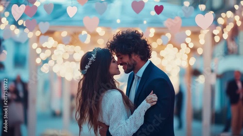 Affectionate Newlywed Couple Embracing During Romantic Evening Wedding Celebration With Glowing Fairy Lights And Decorative Heart Shapes Hanging Above In Soft Twilight Atmosphere