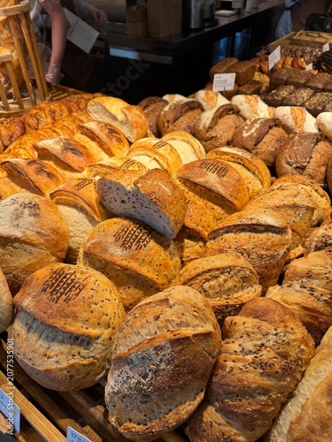 Assortment of wheat and rye round bread in the bakery
