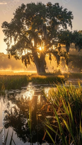 A majestic ancient oak tree draped with Spanish moss stands in a misty swamp at sunrise, its reflection shimmering in the still water.