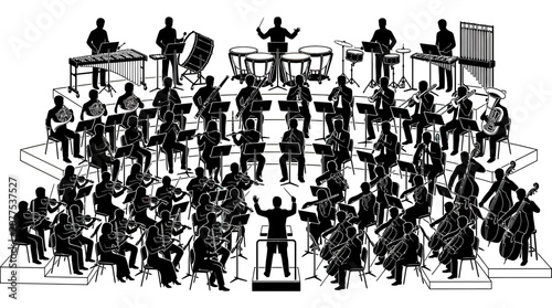 Fotografie Orchestra Performance Silhouette, Concert Hall, Musicians Playing Instruments, C