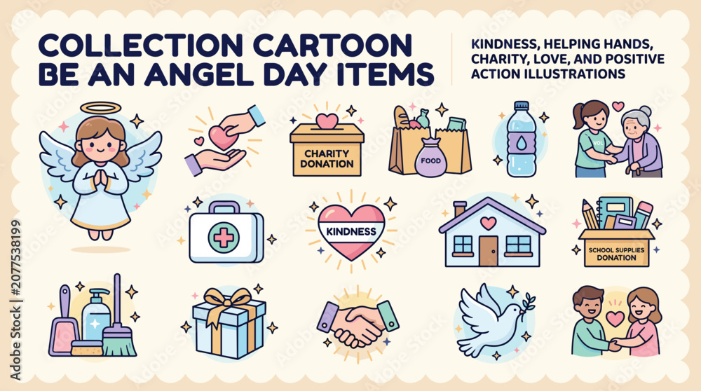 Obraz premium Cartoon Kindness and Be An Angel Day Icons Set for Charity and Social Support