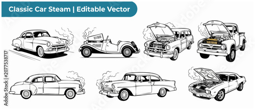 Photos Vintage car overheating vector set of broken down classic retro vehicles with steam blowing from hot radiator engine