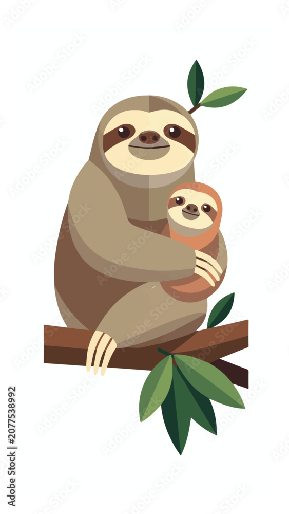 Fototapeta premium Cute Sloth Family Climbing Tree with Green Leaves and Branches