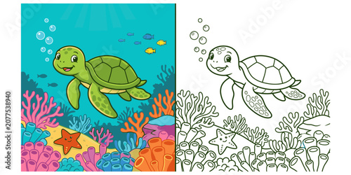 Underwater scene with sea turtle and coral reef for kids