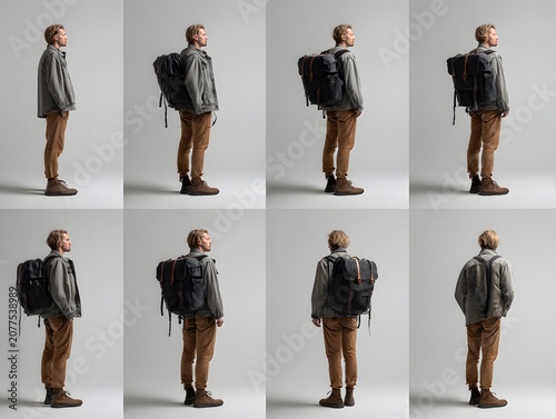 Man wearing backpack in multiple poses.