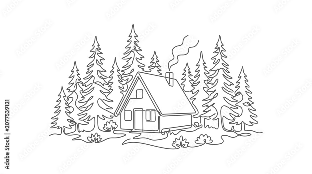 Fototapeta premium Cozy Cabin in Snowy Forest: One Line Art Illustration