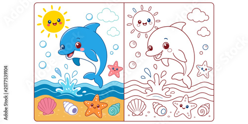 Colorful dolphin beach scene coloring page